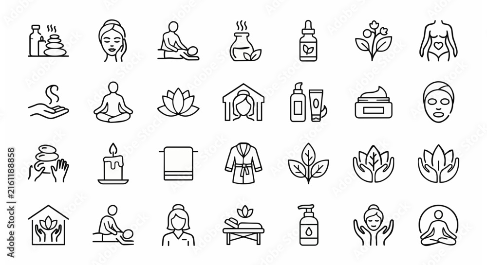 Fototapeta premium Spa wellness and esthetics thin line icon set with skincare massage homeopathy and beauty symbols