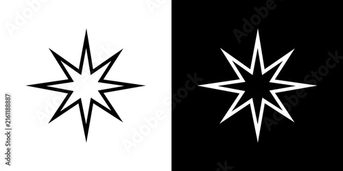 Minimalist geometric star vector icon. Modern faceted star symbol with clean sharp angles presented in black on white and white on black versions for graphic branding.