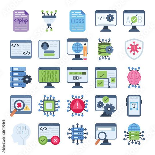 Coding and programming icon set featuring web development, software, database, security, and coding tools in colorful flat style Ideal for technology, software, apps, and developer projects