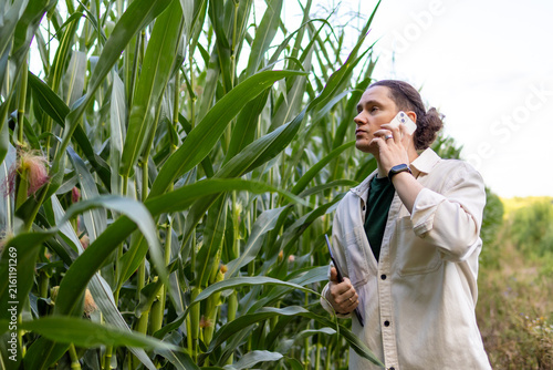 Close up of an agronomist talking on a smartphone while consulting on crop issues in a cornfield. Concept of modern field communication, agritech support network and wireless workflow.