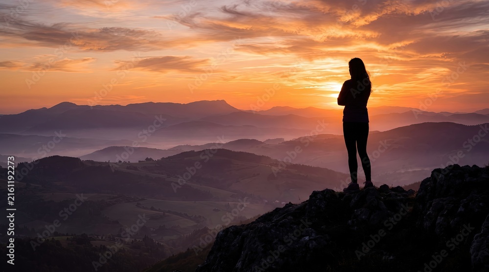 Fototapeta premium Woman Gazing at Sunset Above Mountain Landscape