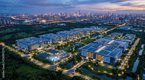 Aerial view of modern industrial buildings illuminated at night, showcasing urban development and technological advancement.