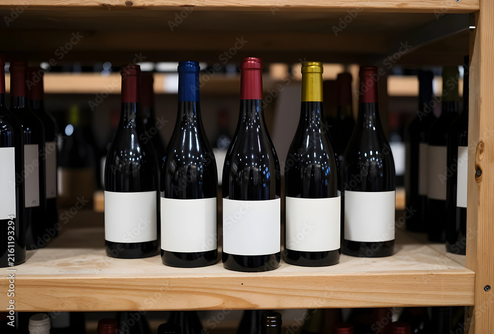 Naklejka premium Wine selection and retail display, bottles of red wine with blank labels on wooden shelves in a store or cellar