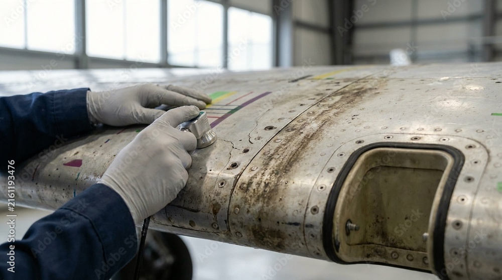 Naklejka premium Aircraft technician inspecting airplane wing surface with non destructive testing sensor tool in hangar