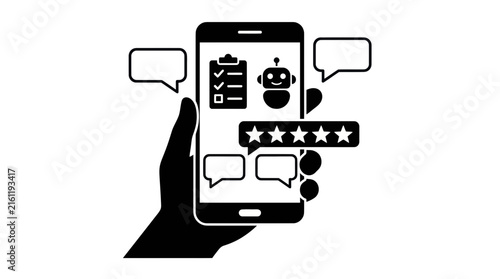 Hand holding smartphone with chatbot AI and star rating.