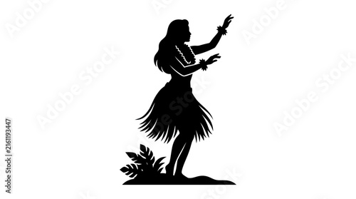 Hawaiian hula dancer silhouette with tropical palm leaves.