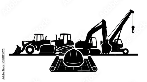 Heavy construction machinery silhouette with hard hat blueprints.