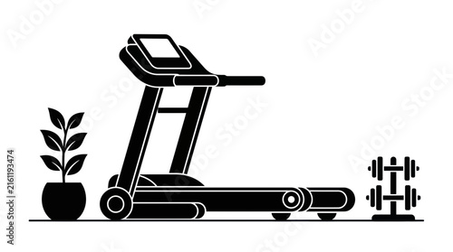 Home gym setup with treadmill plant and dumbbells.