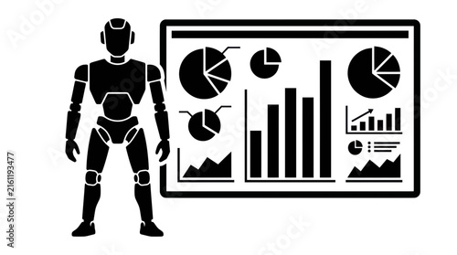 Humanoid robot analyzing business data and infographic charts.