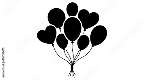 Heart and round balloons bunch silhouette