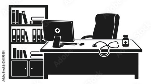 Interior of a doctor office silhouette with furniture.