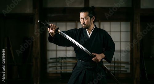 Asian samurai man practicing swordsmanship in a traditional dojo. Martial arts training, discipline, focus, warrior culture, and historical Japanese combat concept.