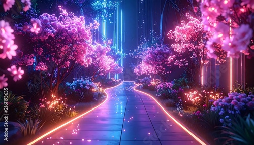 Serene pathway lined with blooming wisteria trees at dusk.