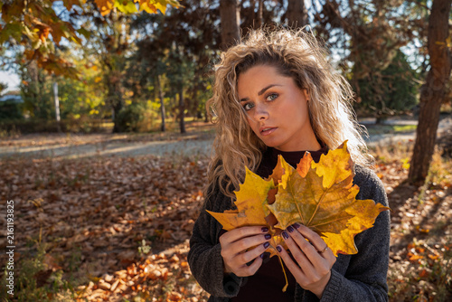 Beauty autumn portrait, pretty young curly hair blonde girl holing leaves at sunset and looking at camera