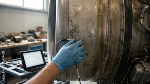 Technician conducting ultrasonic non-destructive testing on an aircraft turbine engine in a maintenance hangar with diagnostic tools