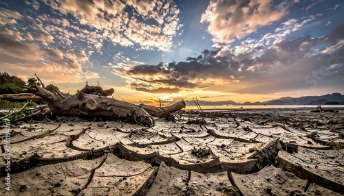 Ancient dinosaur skeleton fossil remains in desert landscape.