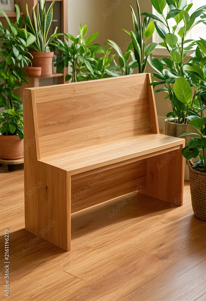 Fototapeta premium Minimalist wooden bench in a modern home interior, sustainable furniture design and natural living space with green plants