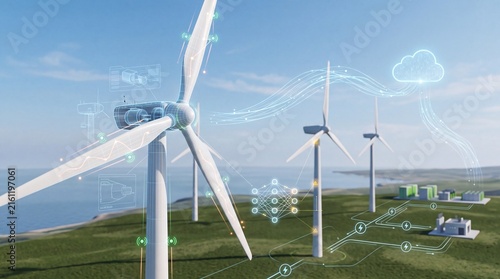 Modern wind turbines generating clean energy in a scenic landscape, showcasing sustainable technology and innovation.