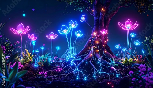 Vibrant nighttime garden illuminated with colorful lights.