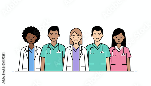 Friendly group of diverse medical doctors and nurses wearing lab coats and colorful scrubs side by side.
