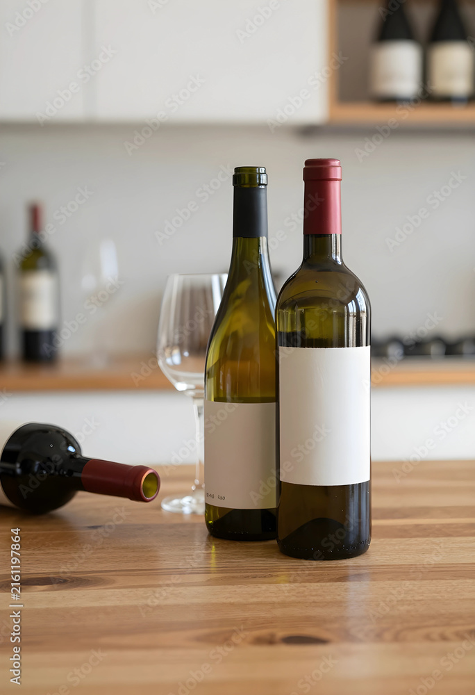 Naklejka premium Wine tasting and home entertaining, bottles of red and white wine with blank labels and a wine glass on a wooden counter