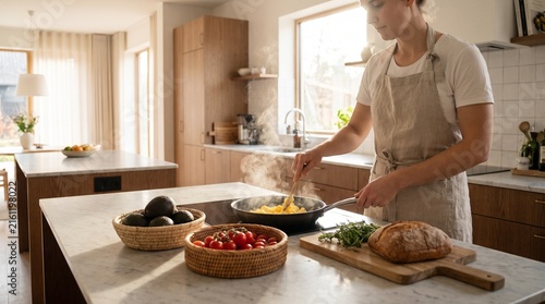 Person Cooking Breakfast with Eggs in a Modern Sunlit Kitchen