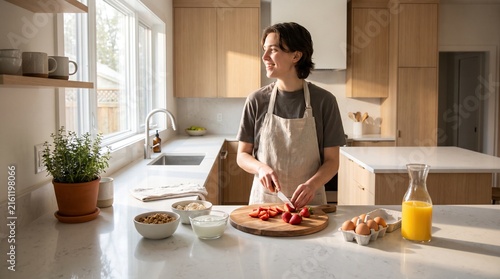 Young Adult Preparing Fresh Fruit Breakfast in a Bright Modern Kitchen