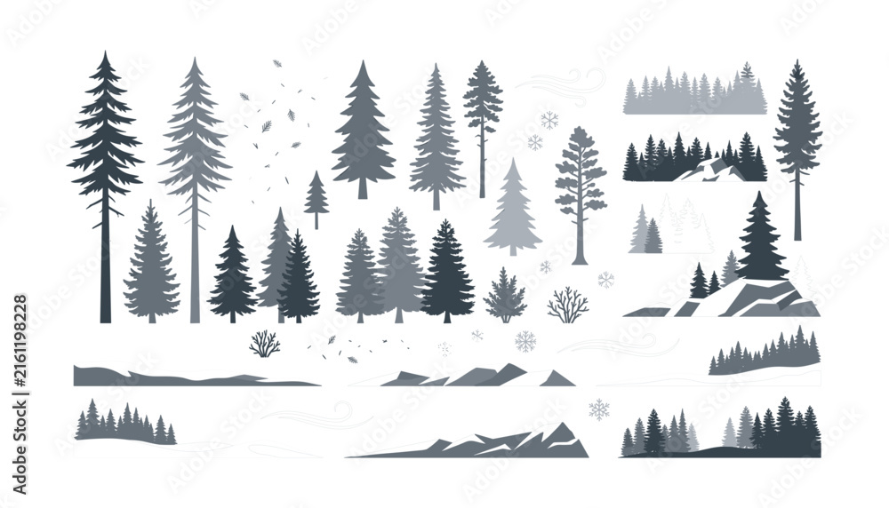 Obraz premium Pine Tree Forest Silhouette Icon Element Set with Conifer Fir Spruce Mountain Landscape Horizons and Winter Snowflake Wind Accents for Nature Graphic Designs