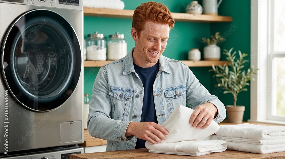 Fototapeta premium Smiling man folding white towels in laundry room. Redhead male doing chores next to washing machine