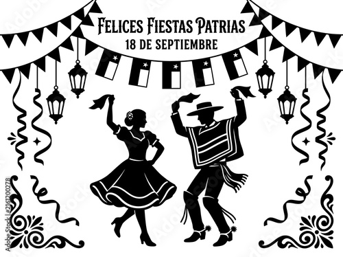 Chilean independence day celebration illustration with traditional cueca dancers, flags, and festive decorations isolated on white background