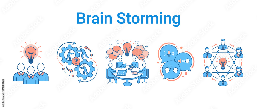 Fototapeta premium Brainstorming and Team Collaboration Concept Icons Set
