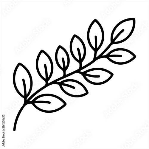 Minimalist black‑and‑white line art of a leafy branch with alternating leaves on a curved stem, symbolizing nature, growth, and simplicity in a stylized design