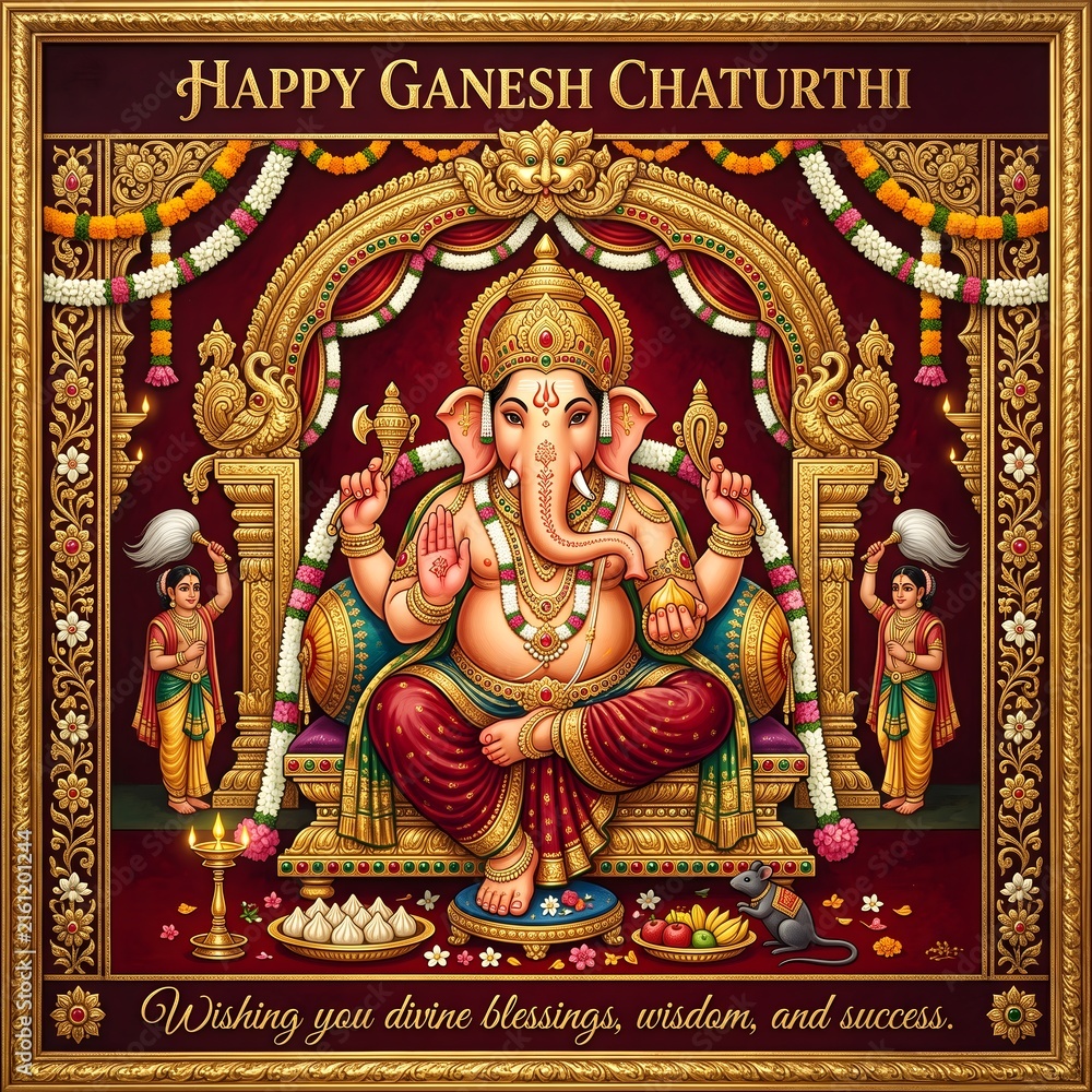Fototapeta premium Happy ganesh chaturthi festival poster with lord ganesha seated on golden throne
