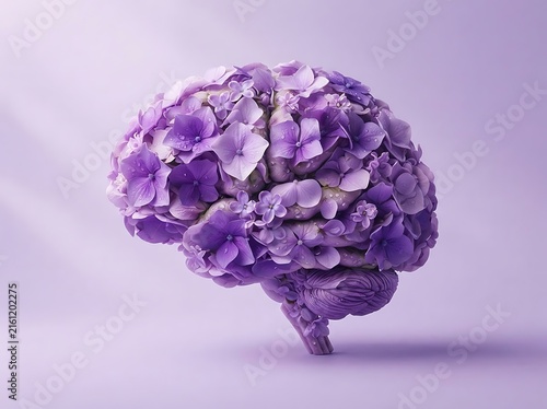 A conceptual artistic representation of a human brain shaped entirely from beautiful purple hydrangea flowers against a soft matching lavender background