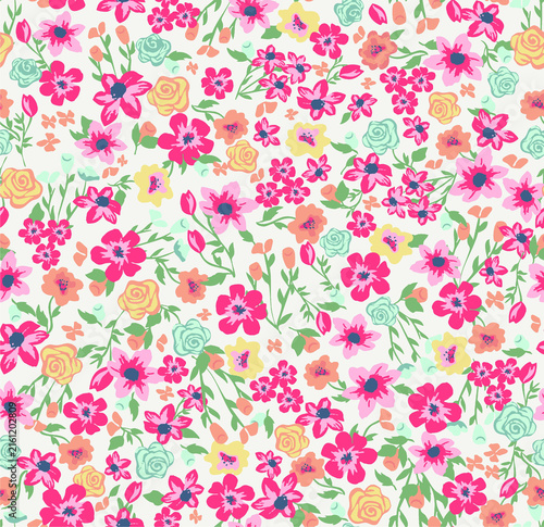 Tiny vibrant floral pattern in pink yellow and blue with green leaves on white background seamless