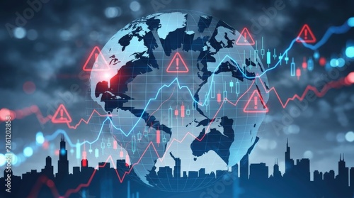 Global financial crisis with warning signs and city skyline.