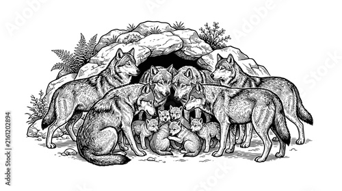Wolf pack near mountain cave.