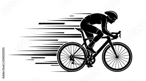 Cyclist riding a road bicycle with motion lines on a white background.