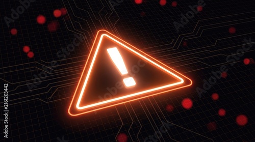 Glowing warning triangle on a futuristic circuit board background.