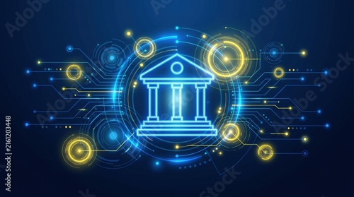 Futuristic digital illustration of a bank building with circuit lines.