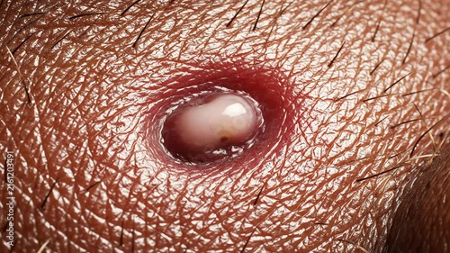 A single inflamed pimple on human skin. A tiny whitehead gradually forms at the center in extremely slow motion