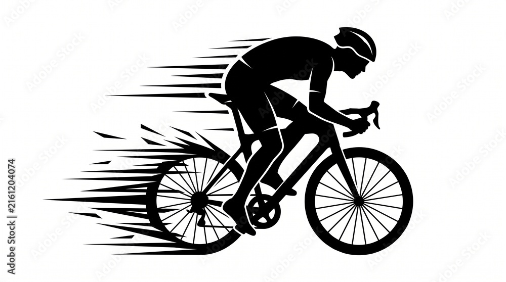 Fototapeta premium Bicycle rider accelerates rapidly in a black vector silhouette design showing dynamic speed effects.