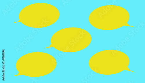 Фотография Five vibrant yellow speech bubbles scattered at various angles across a light blue background, conveying dynamic movement, separate ideas, or an active animated conversation
