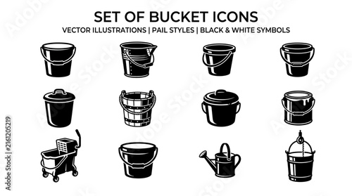 Collection of various bucket silhouettes in black and white vector style silhouette