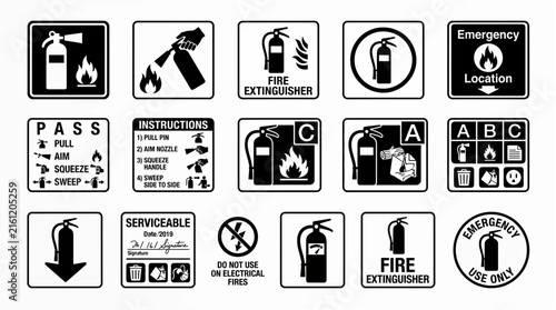 Fire extinguisher symbols and instructions presented as black silhouettes