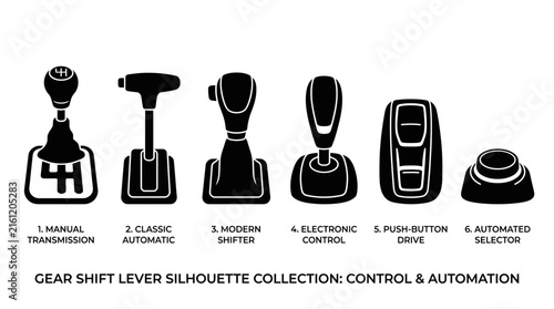 Obraz na plátně Collection of gear shift levers in black silhouette
