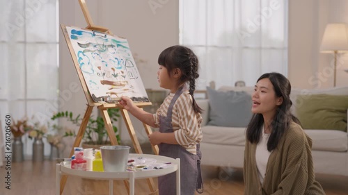 Child Painting on Easel with Mother Watching Creative Art Activity at Home Interior, Young Girl Learning Colorful Artwork Through Family Bonding, Warm Living Room Moment with Artistic Creativity