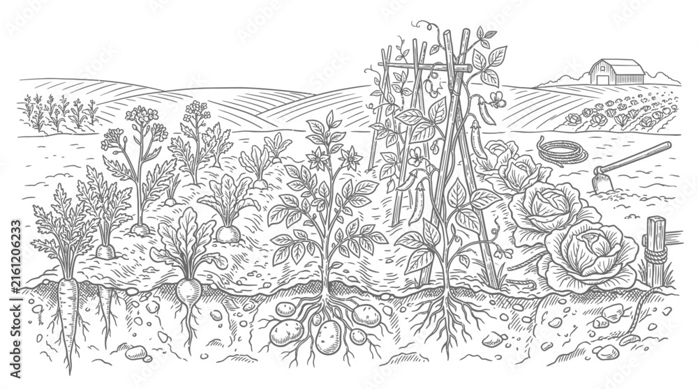 Fototapeta premium Farm landscape engraving with underground root views.