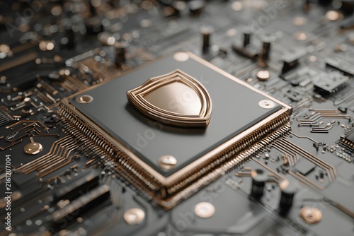 Golden Shield Security Emblem on Microprocessor Chip within a Complex Digital Network
