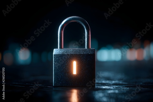 Illuminated padlock with glowing keyhole symbolizes digital security and data protection
